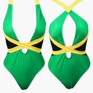Jamaican Flag Green and Yellow Halter Swimsuit